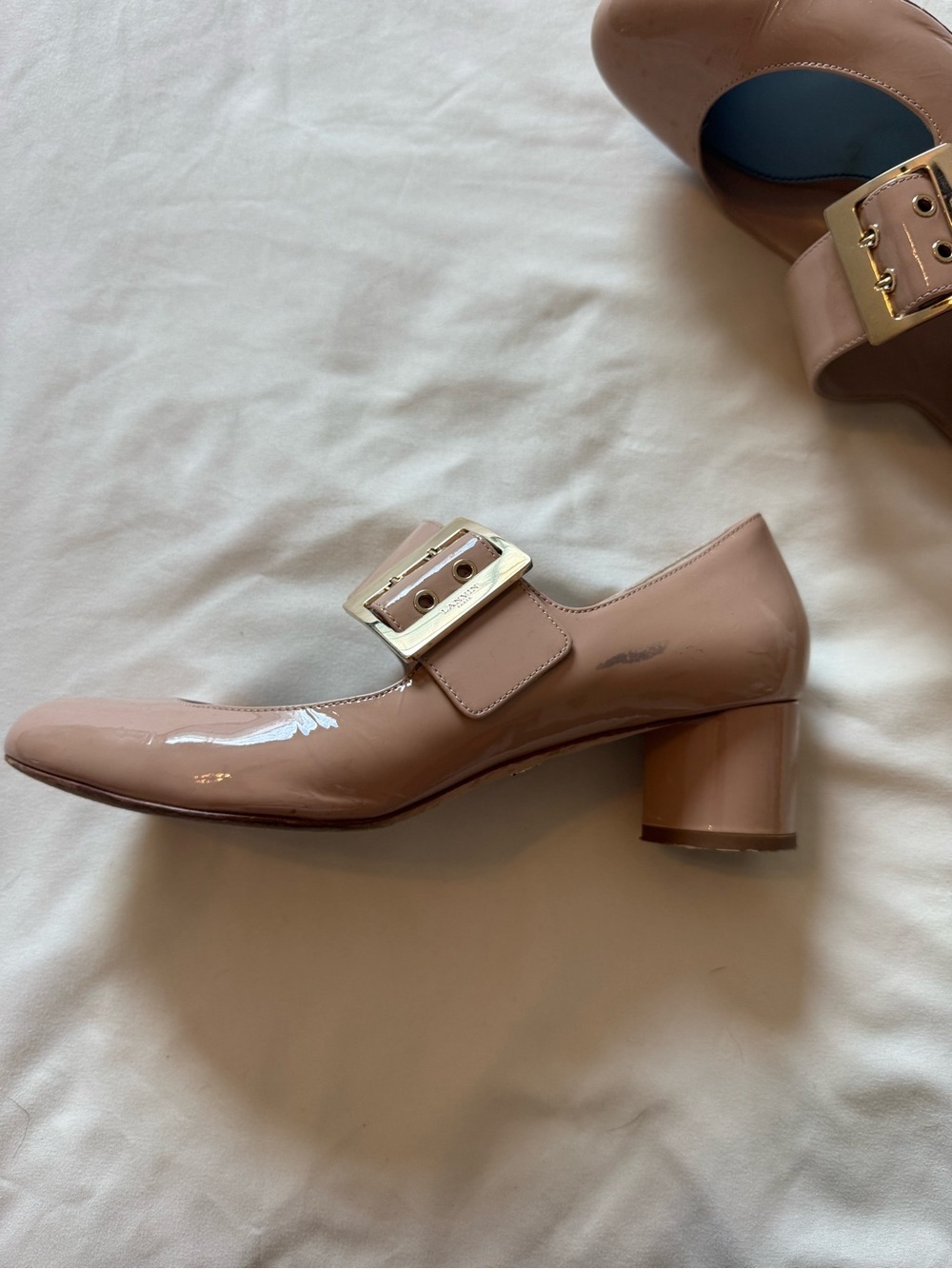 LANVIN | Blush Patent Leather Buckle Block Mary Jane Heels | 38 - Picture 4 of 7